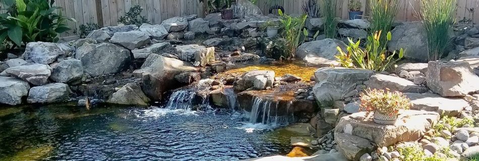 backyard water feature with a waterfall and rocks and stones surrounding a small pond