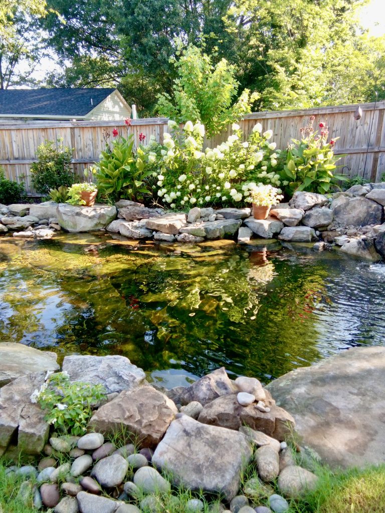 water feature with garden and rocks and a pond